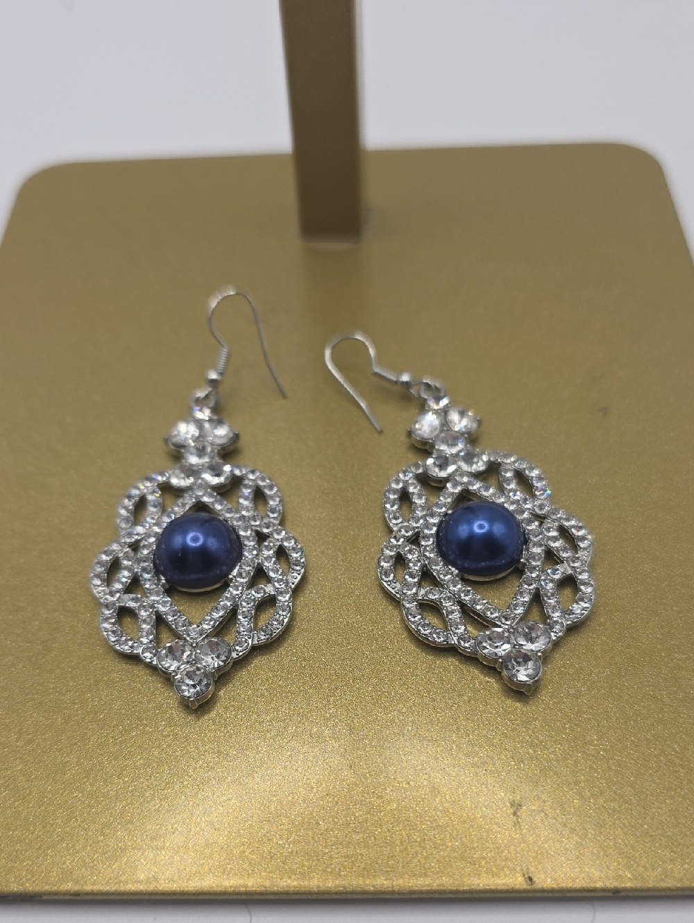 Silver-Tone Filigree Drop Earrings with Deep Blue Pearl